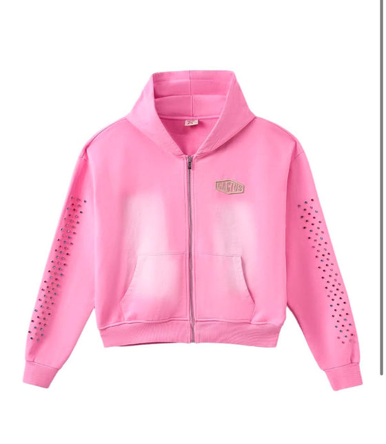 Crystal Cactus Zip Hoodie - Pink | Streetwear Zip-Up - WiscKicks